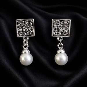 Silver Tone Metal Faux Pearl Abstract Swirl Drop Dangle Stud Fashion Earrings